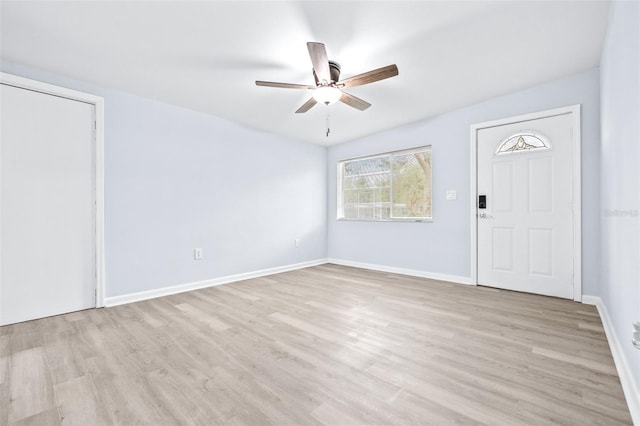 entryway featuring ceiling fan and light hardwood / wood-style flooring