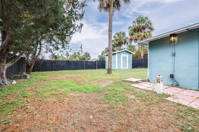 view of yard featuring a storage shed