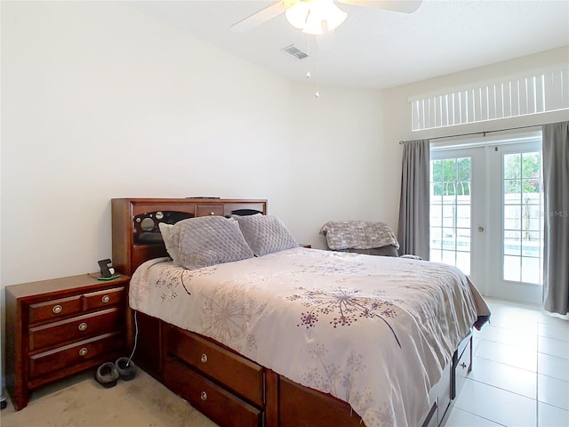 bedroom featuring ceiling fan, access to exterior, and french doors