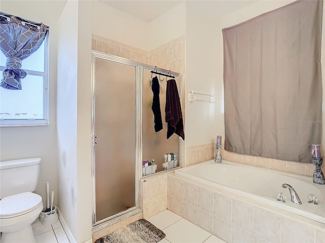 bathroom featuring tile patterned floors, toilet, and plus walk in shower