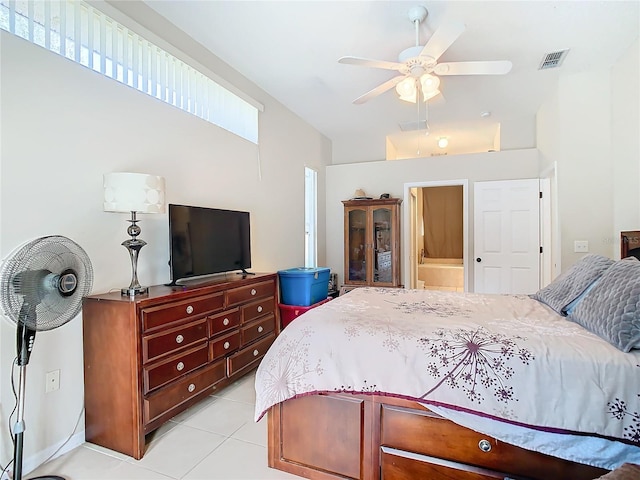 bedroom with ceiling fan and light tile patterned floors