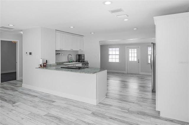 kitchen featuring stone countertops, sink, kitchen peninsula, white cabinets, and light wood-type flooring