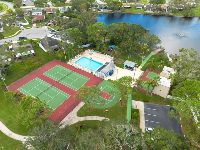 aerial view featuring a water view