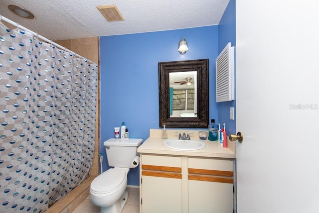 bathroom with a shower with shower curtain, a textured ceiling, toilet, and vanity