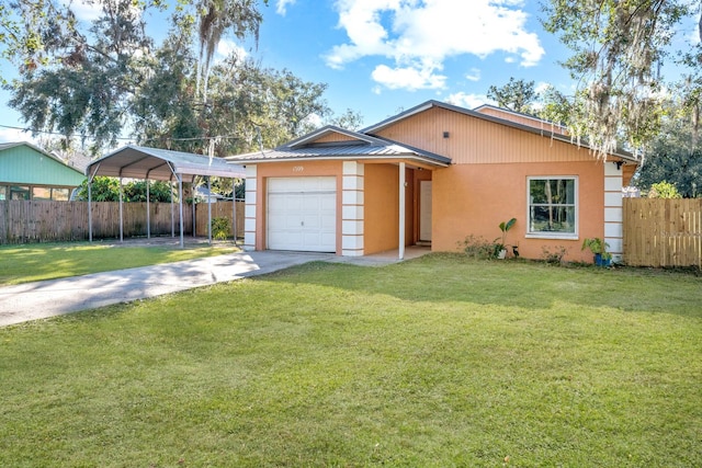 ranch-style home with a front lawn, a garage, and a carport