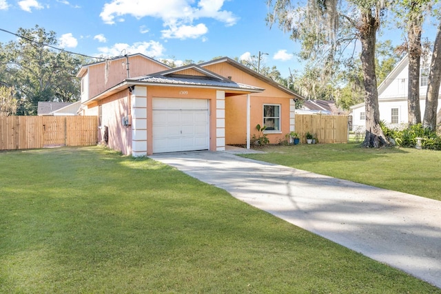 single story home with a garage and a front lawn