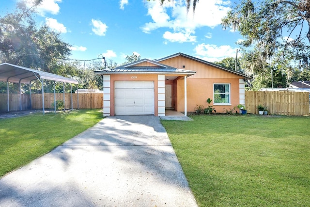 single story home featuring a front lawn, a carport, and a garage