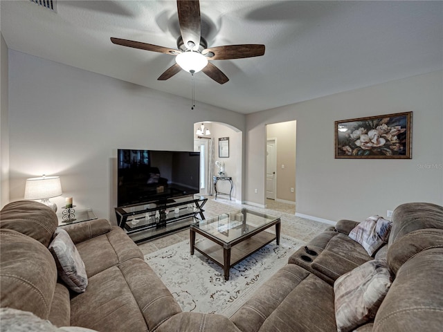 living room featuring ceiling fan