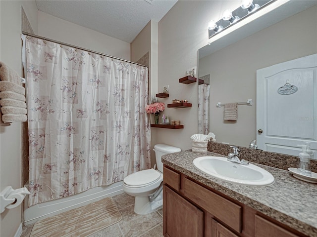 full bathroom featuring toilet, tile patterned floors, a textured ceiling, vanity, and shower / bath combination with curtain