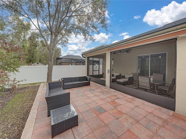 view of patio / terrace featuring ceiling fan and an outdoor hangout area