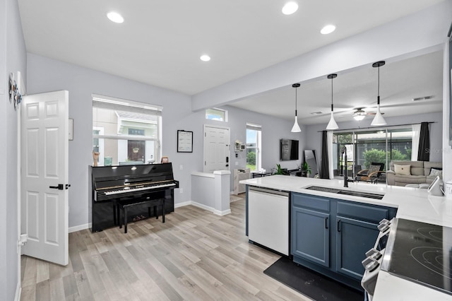 kitchen with dishwasher, light hardwood / wood-style floors, decorative light fixtures, and a healthy amount of sunlight