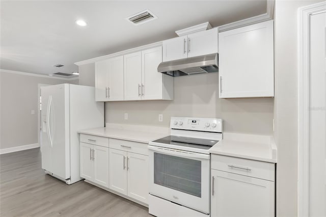 kitchen with white cabinetry, light hardwood / wood-style floors, ornamental molding, and white appliances