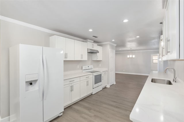 kitchen featuring sink, crown molding, white cabinetry, light hardwood / wood-style flooring, and white appliances