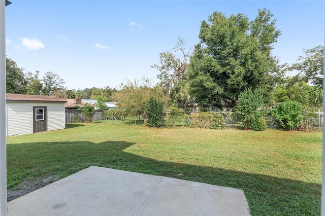 view of yard with a storage shed and a patio area