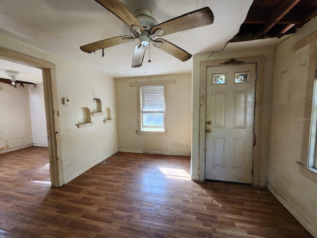 foyer entrance featuring ceiling fan and dark hardwood / wood-style flooring