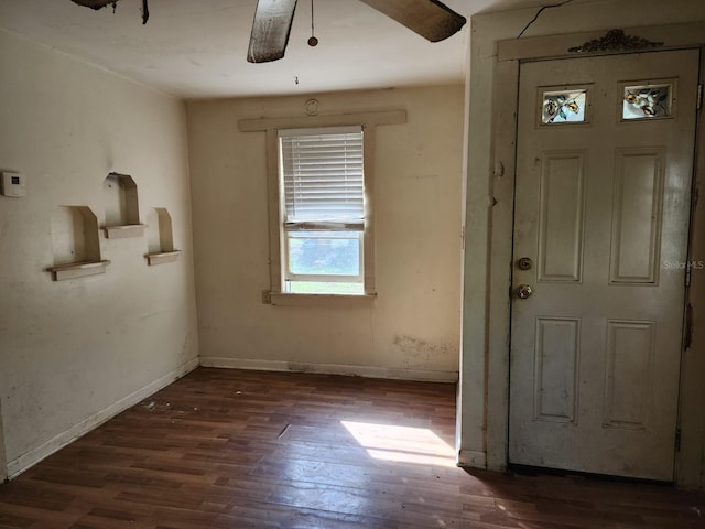 foyer with ceiling fan and dark hardwood / wood-style floors