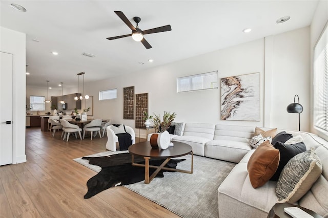 living room with ceiling fan and wood-type flooring