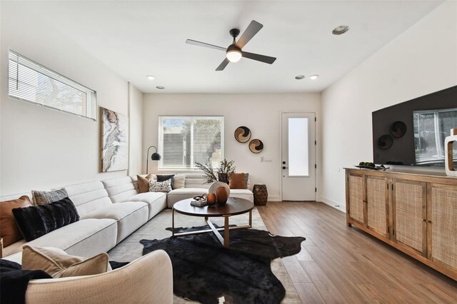 living room with light hardwood / wood-style flooring and ceiling fan