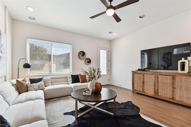 living room featuring light hardwood / wood-style flooring and ceiling fan