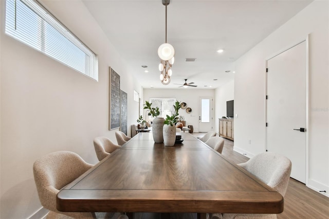 dining room featuring hardwood / wood-style floors and ceiling fan