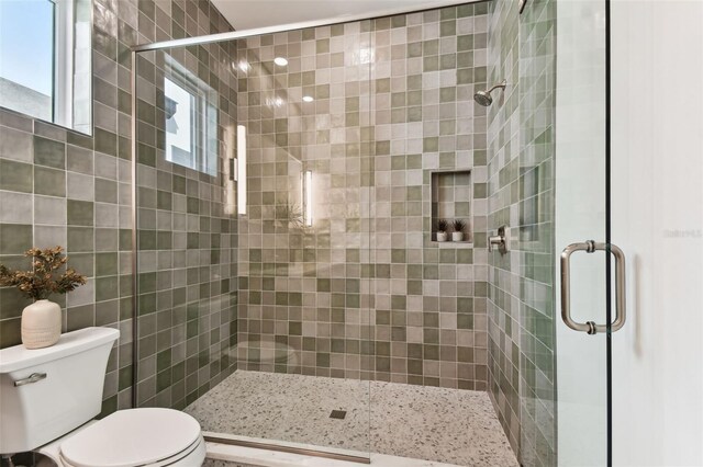 bathroom featuring walk in shower, toilet, and a healthy amount of sunlight