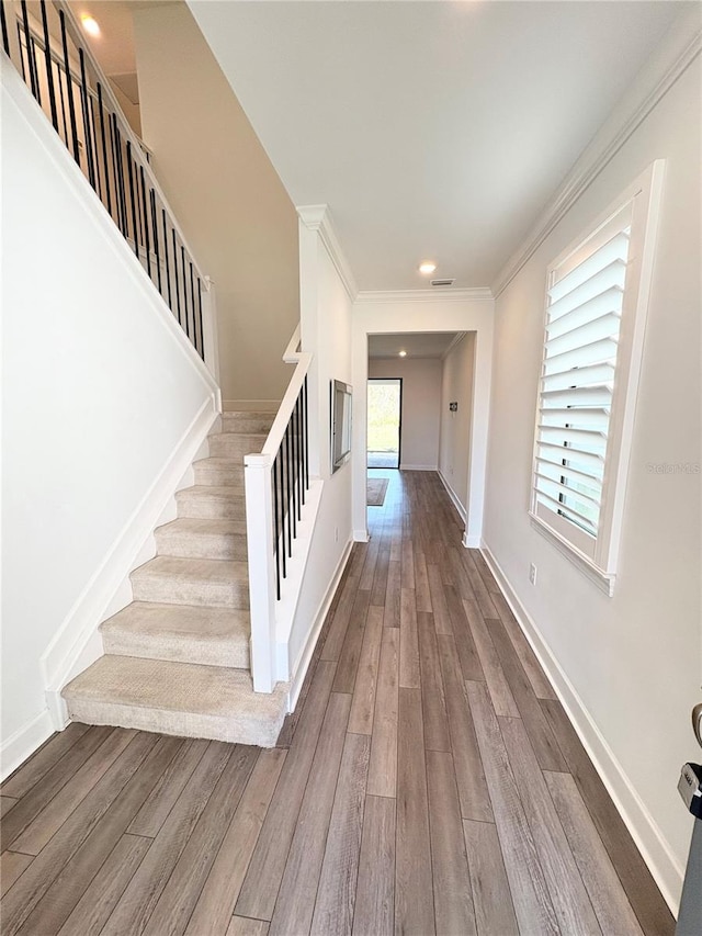 interior space featuring hardwood / wood-style flooring and crown molding