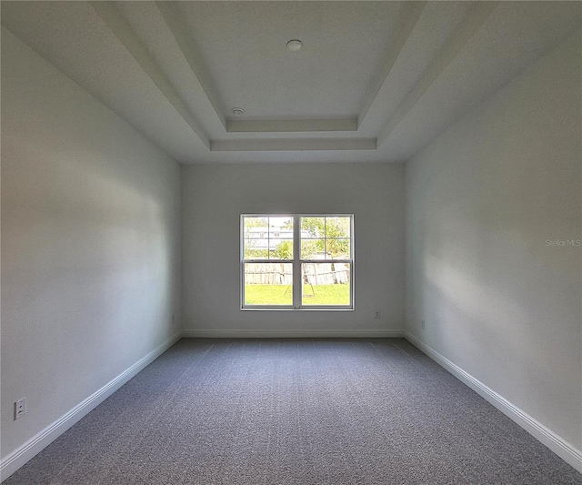 carpeted empty room featuring a raised ceiling