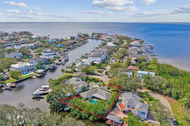 drone / aerial view with a water view