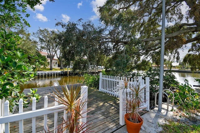 deck featuring a water view