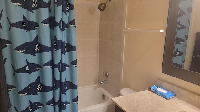 full bathroom with vanity, toilet, and shower / bath combo with shower curtain