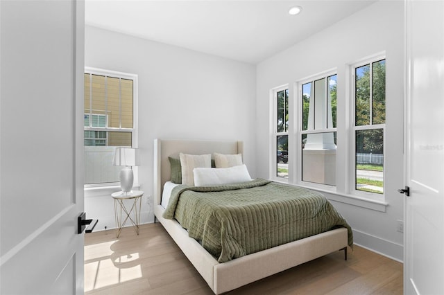 bedroom with multiple windows and wood-type flooring