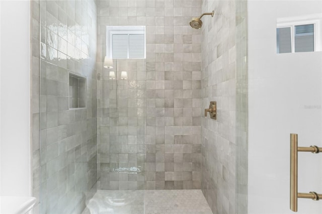 bathroom featuring a shower with door