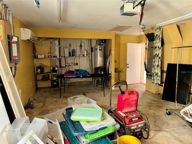 garage featuring a garage door opener, water heater, and an AC wall unit