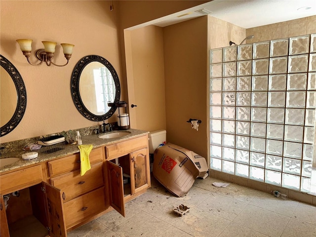 full bathroom featuring double vanity, walk in shower, and a sink