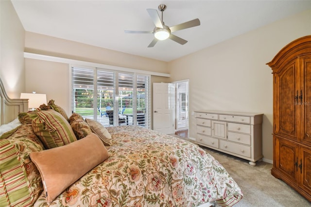 carpeted bedroom featuring ceiling fan and access to exterior