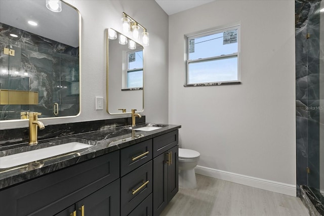 bathroom featuring walk in shower, hardwood / wood-style floors, vanity, and toilet