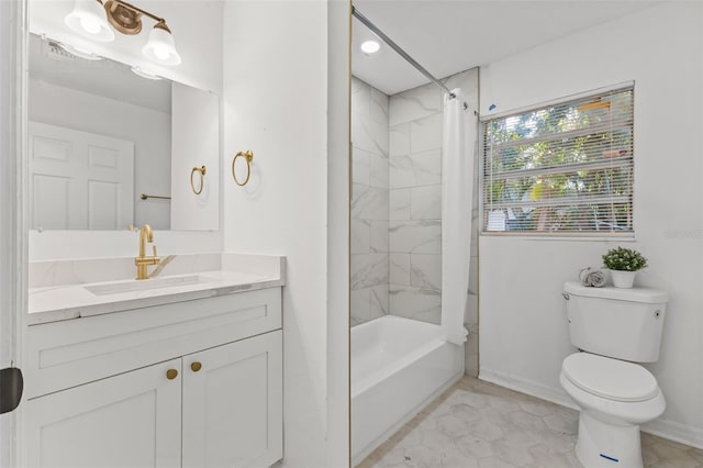 full bathroom with tile patterned flooring, vanity, shower / bath combo with shower curtain, and toilet