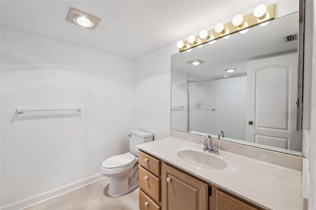 bathroom with tile patterned floors, vanity, walk in shower, and toilet