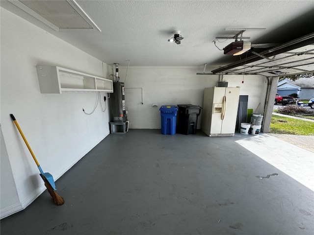 garage with a garage door opener, water heater, and white refrigerator with ice dispenser