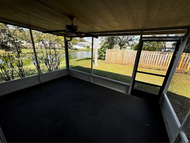 unfurnished sunroom featuring a water view and wood ceiling