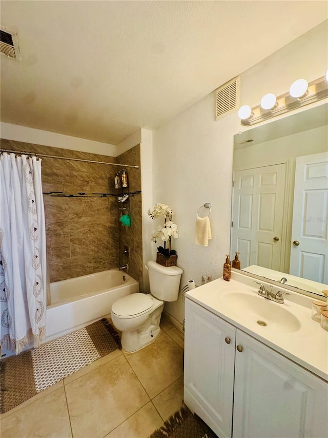 full bathroom featuring toilet, vanity, tile patterned floors, and shower / tub combo with curtain