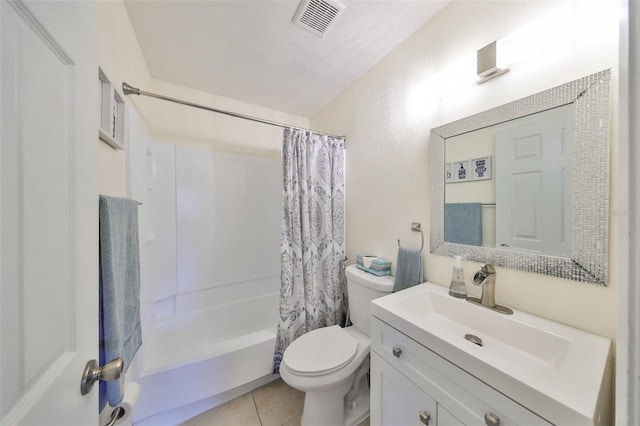 full bathroom with toilet, shower / tub combo with curtain, vanity, and tile patterned floors