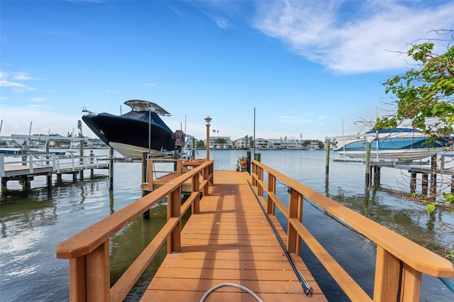 view of dock with a water view and boat lift