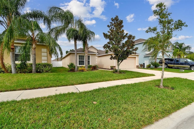 view of front of home with a garage and a front lawn