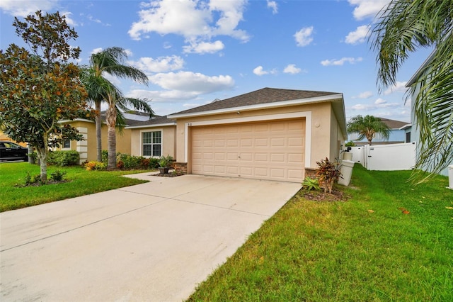 single story home featuring a front yard and a garage