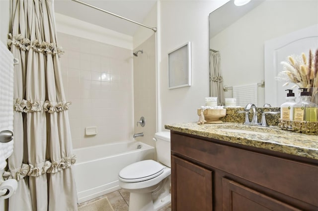 full bathroom with shower / tub combo with curtain, vanity, toilet, and tile patterned flooring