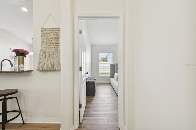 hallway with sink and hardwood / wood-style flooring