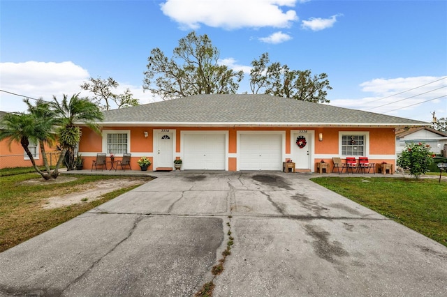 single story home featuring a garage, a front lawn, and a porch