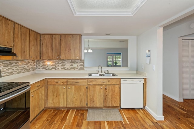 kitchen with sink, white dishwasher, light hardwood / wood-style floors, extractor fan, and stainless steel range with electric cooktop