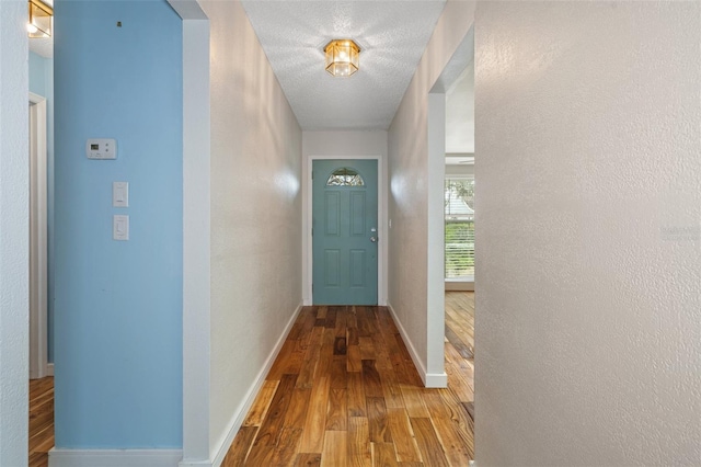 entryway with hardwood / wood-style floors and a textured ceiling